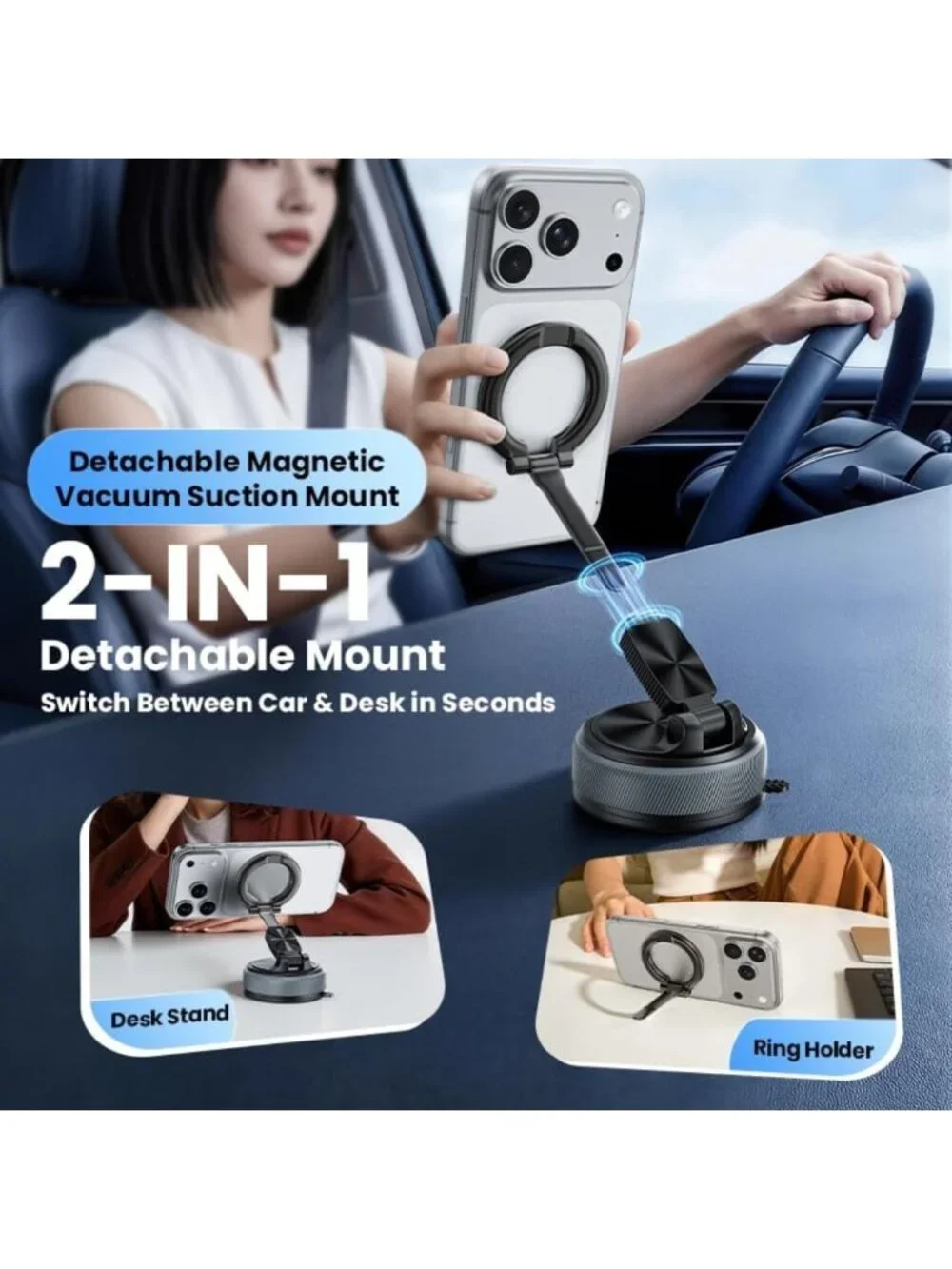 2-in-1 Magnetic Car Phone Holder with Suction Mount & 360° Adjustable Stand